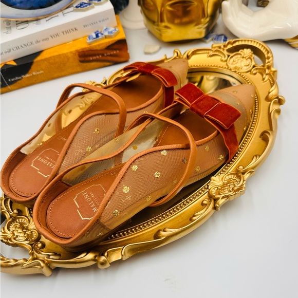 🆕 MALONE SOULIERS 🧿 BNWOB Tan Mesh Mules with Brown Velvet Bow Size 36 - 6 - Picture 8 of 16